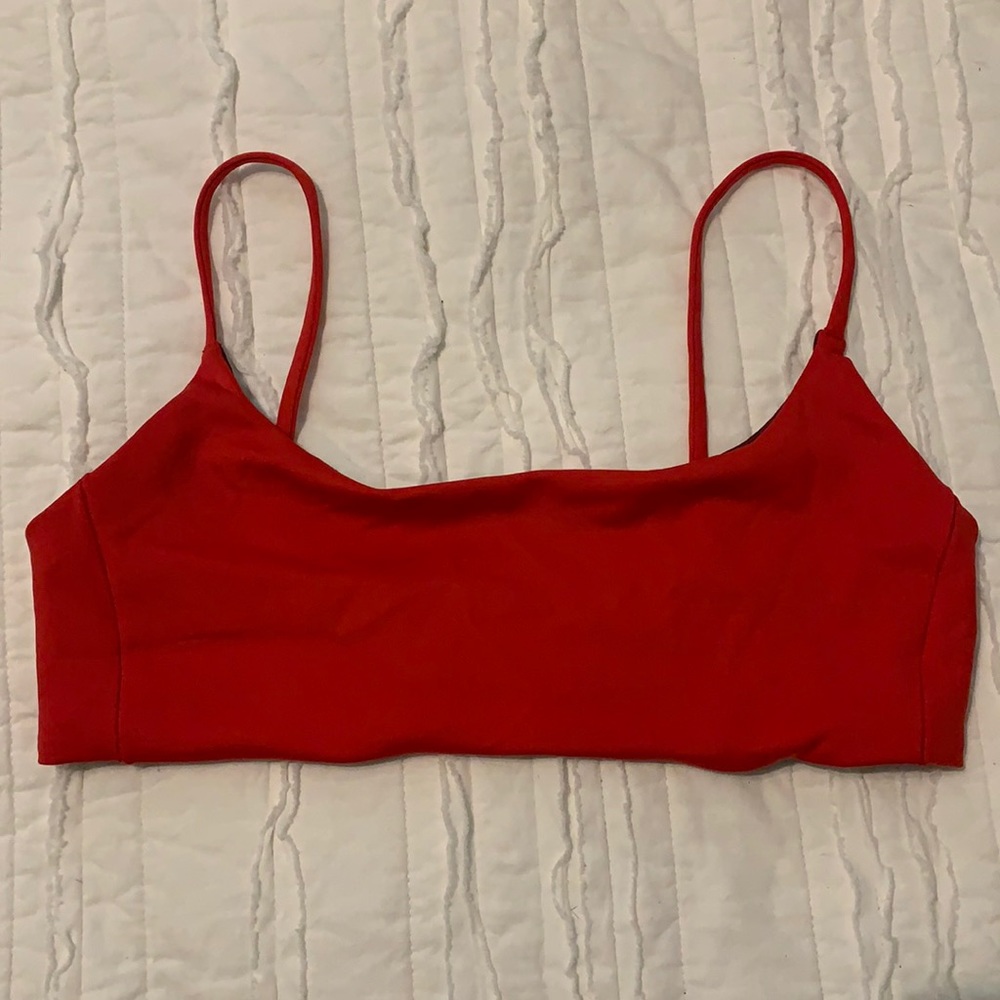 Left on Friday Pool Days top (Sweet Chili). Size M